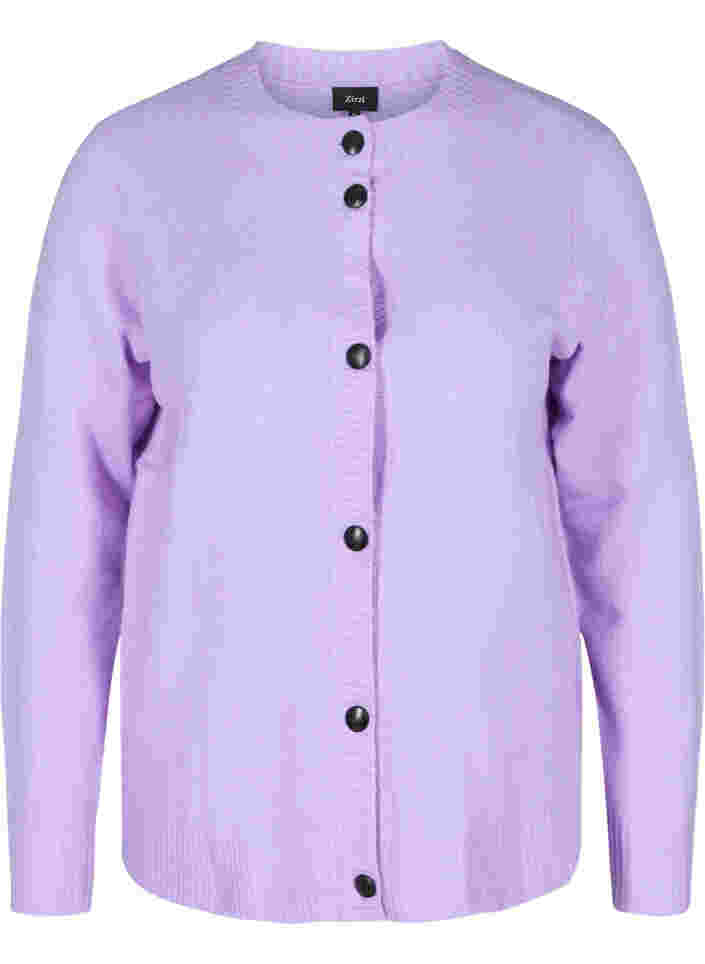 Kort stickad kofta med kontrastfärgade knappar, Purple Rose Mel., Packshot image number 0