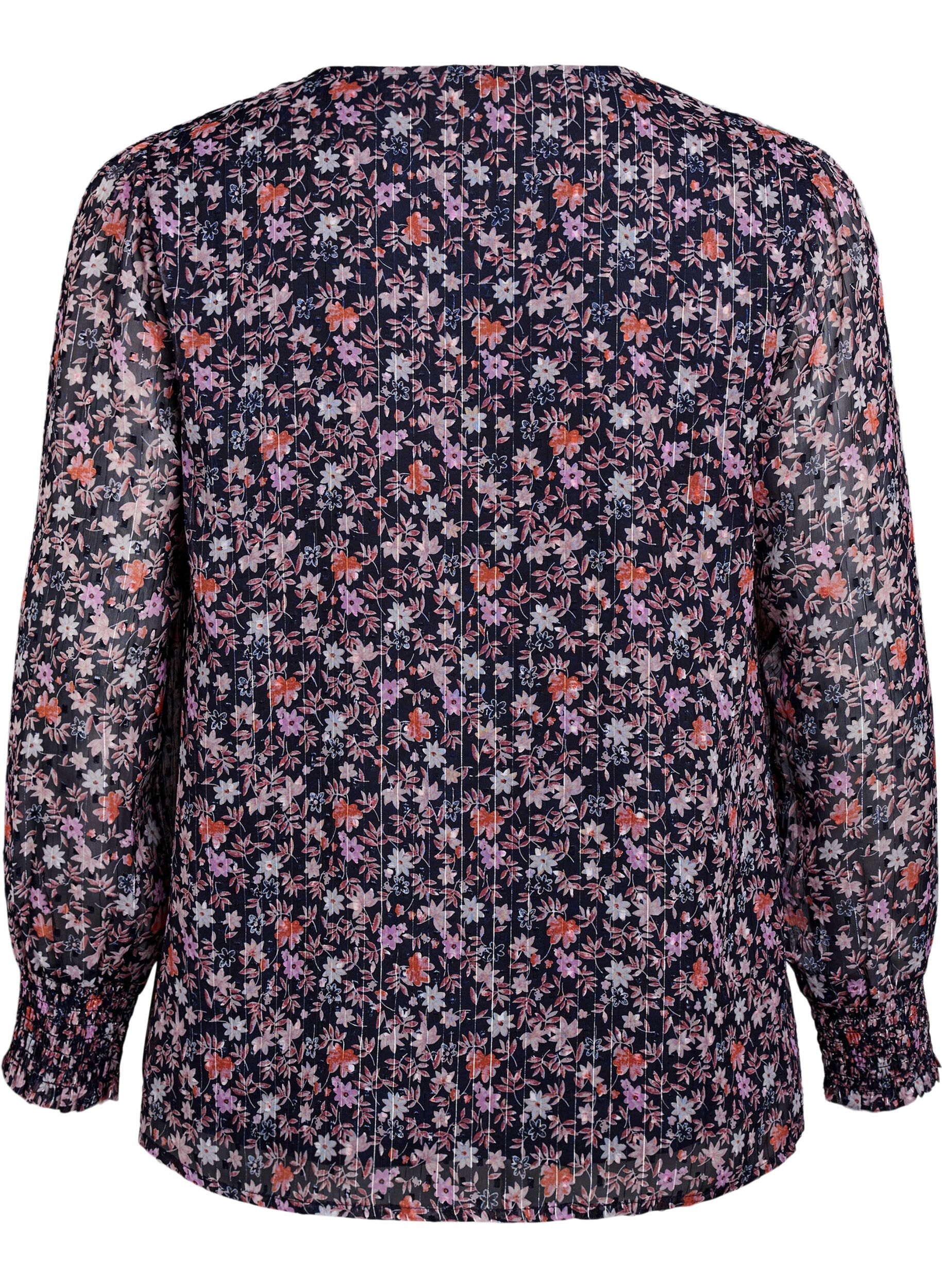ZizziBlus med blomm&ouml;nster och glittertr&aring;d, Bl&aring;, Packshot image number 1