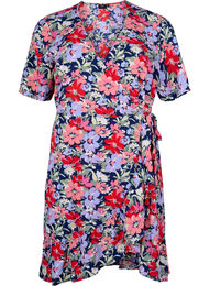 Blommig omlottklänning med korta ärmar, Blå