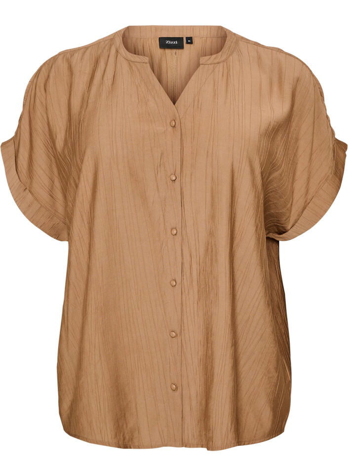 Blus i viskos med knappar och struktur, Brun, Packshot image number 0