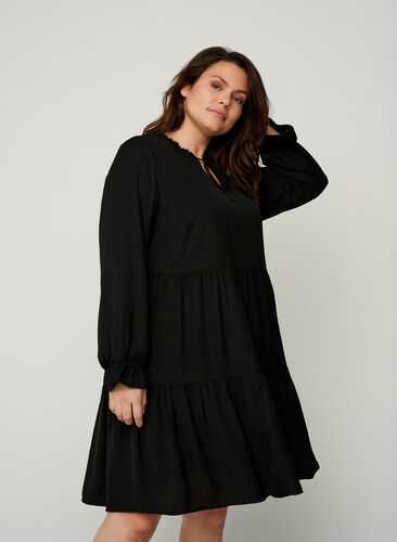 Klänning med veck knytdetalj, Black, Model image number 0