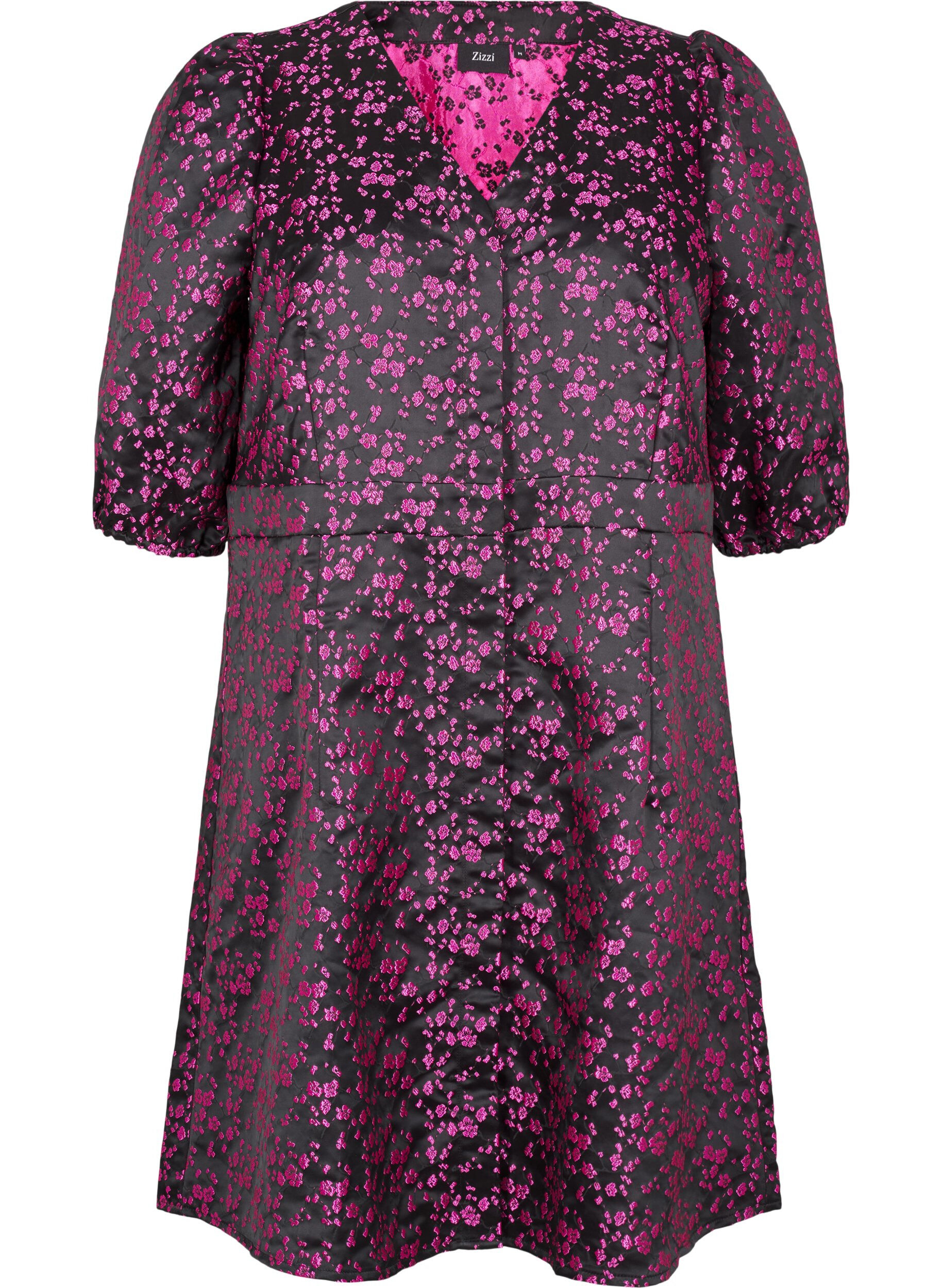 Zizzi Kn&auml;l&aring;ng kl&auml;nning med broderade blommor, Black Pink Flower, Packshot image number 0