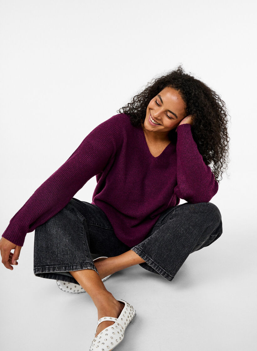 Stickad blus med v-ringning och långa ärmar, Potent P. Black Mel., Image image number 0