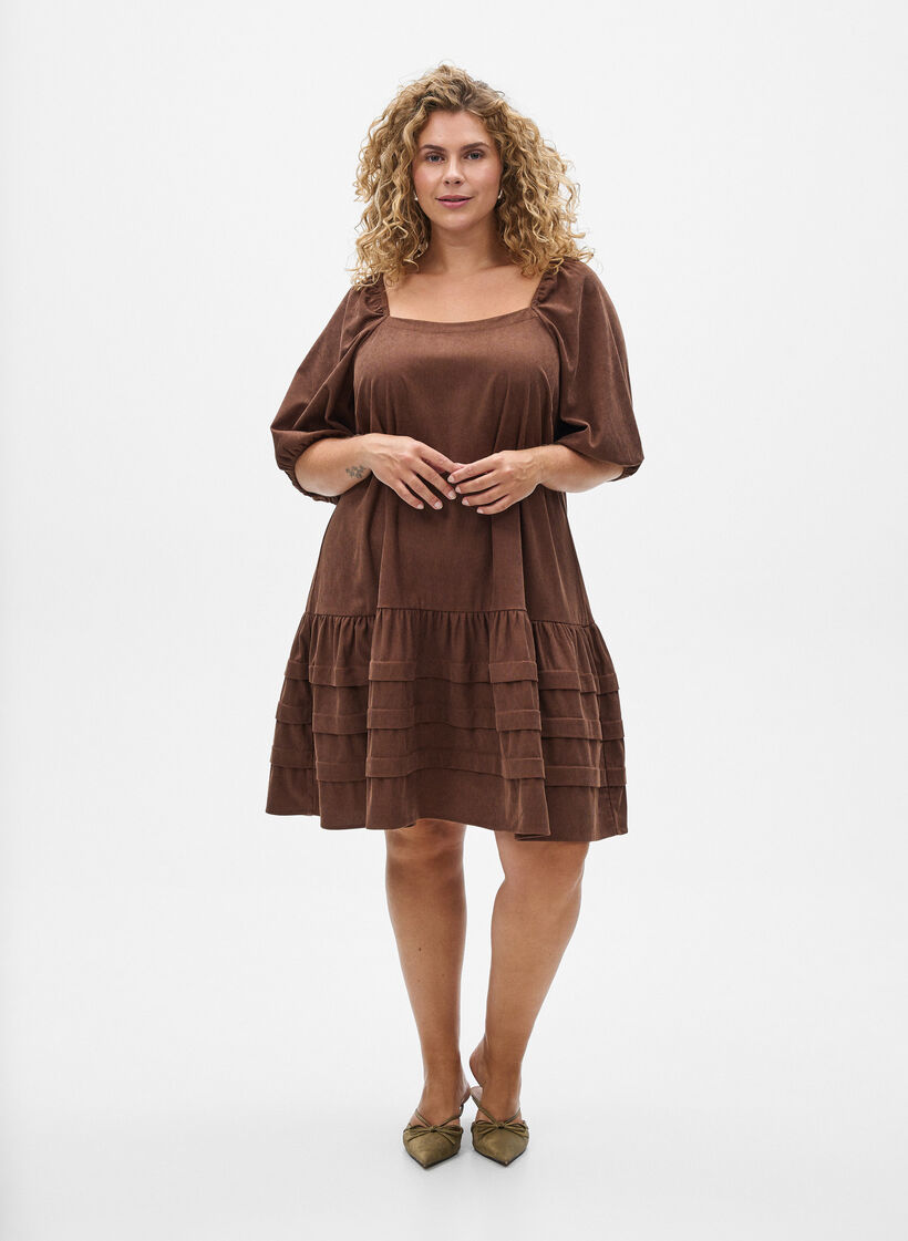 Kort klänning i manchester med fyrkantig ringning, Brun, Model image number 1