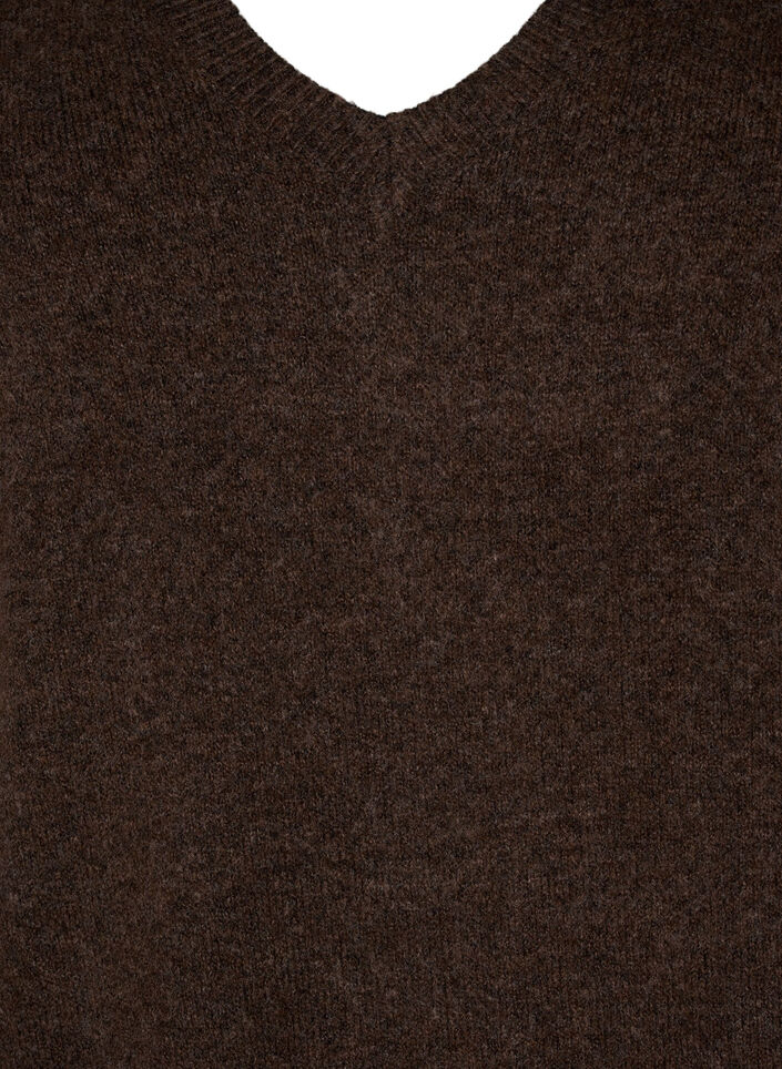 L&aring;ng&auml;rmad stickad kl&auml;nning med V-ringning, Brun, Packshot image number 2