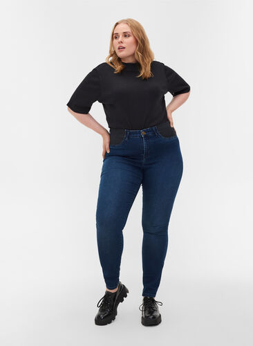 Superslim Amy jeans med resår i midjan, Dark blue denim, Model image number 0