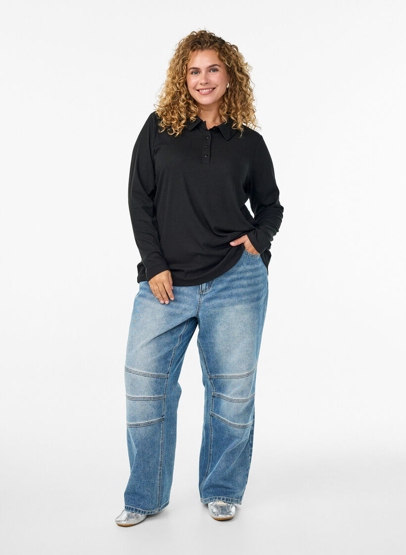 Långärmad pikétröja i stretchig ribbstickning, Svart, Model image number 1