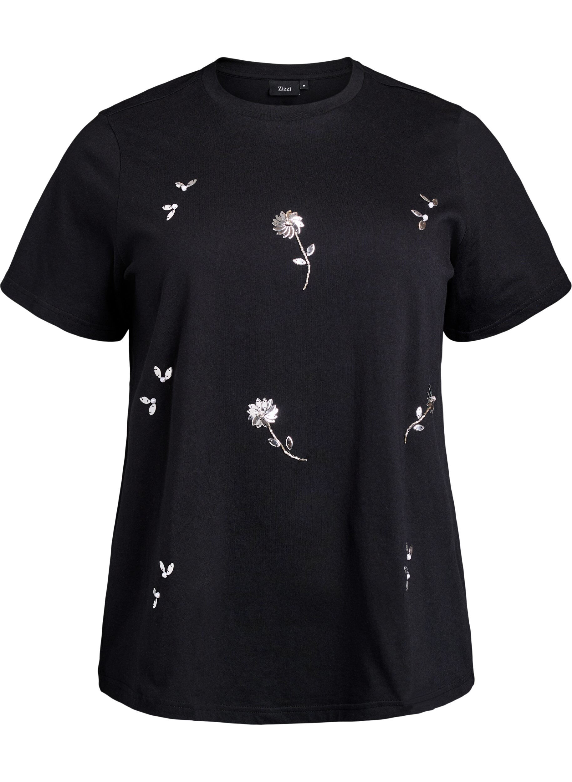 Zizzi T-shirt med paljettblommor, Svart, Packshot image number 0