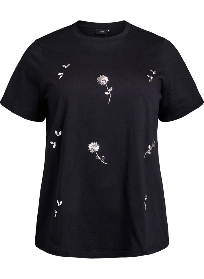 T-shirt med paljettblommor, Svart, Packshot image number 0