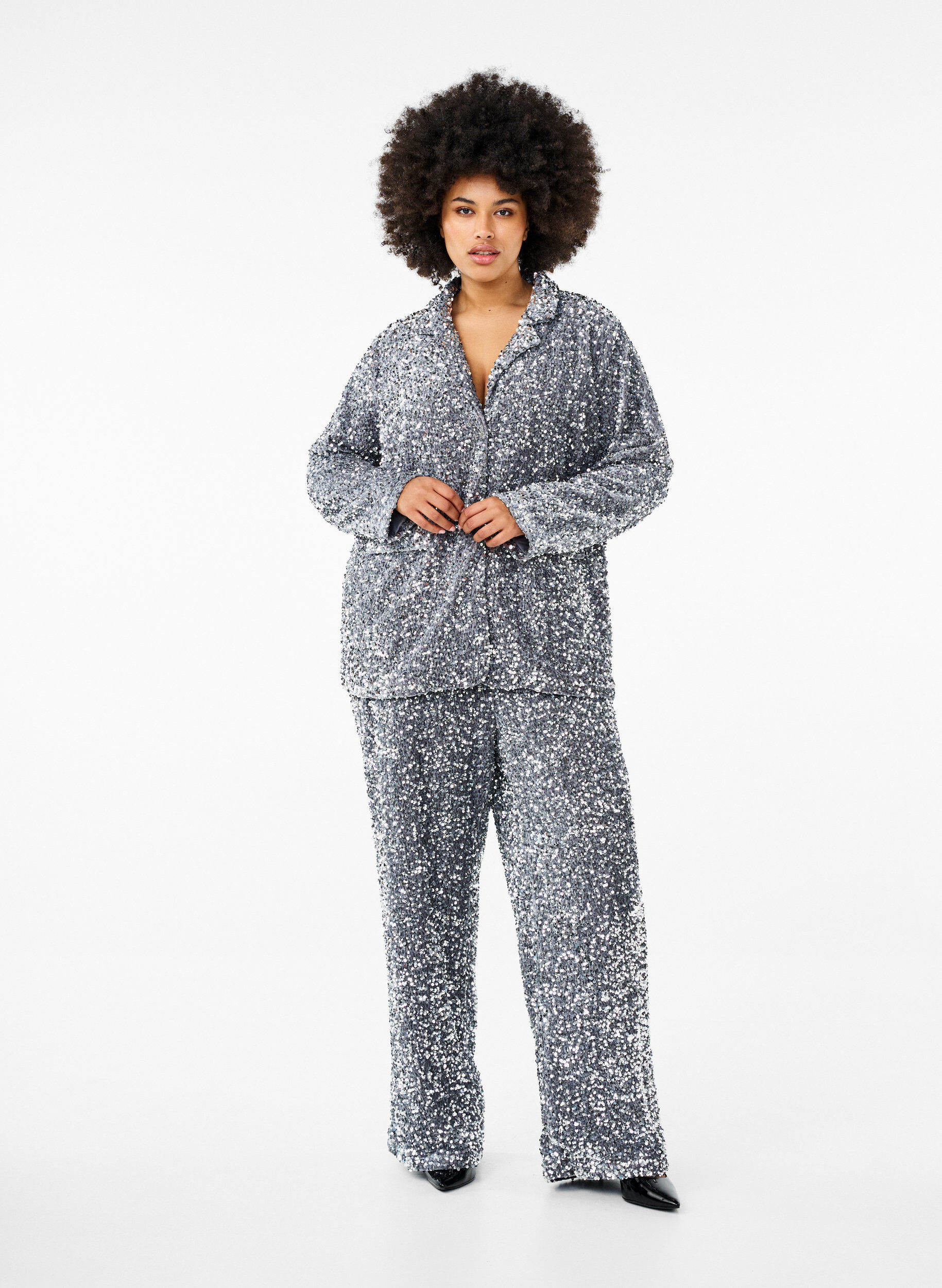 Zizzi L&ouml;s paljettbyxa med h&ouml;g midja, Silver, Model image number 0