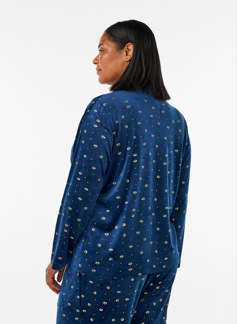 Pyjamasskjorta i velour med helt&auml;ckande m&ouml;nster, Bl&aring;, Model image number 2