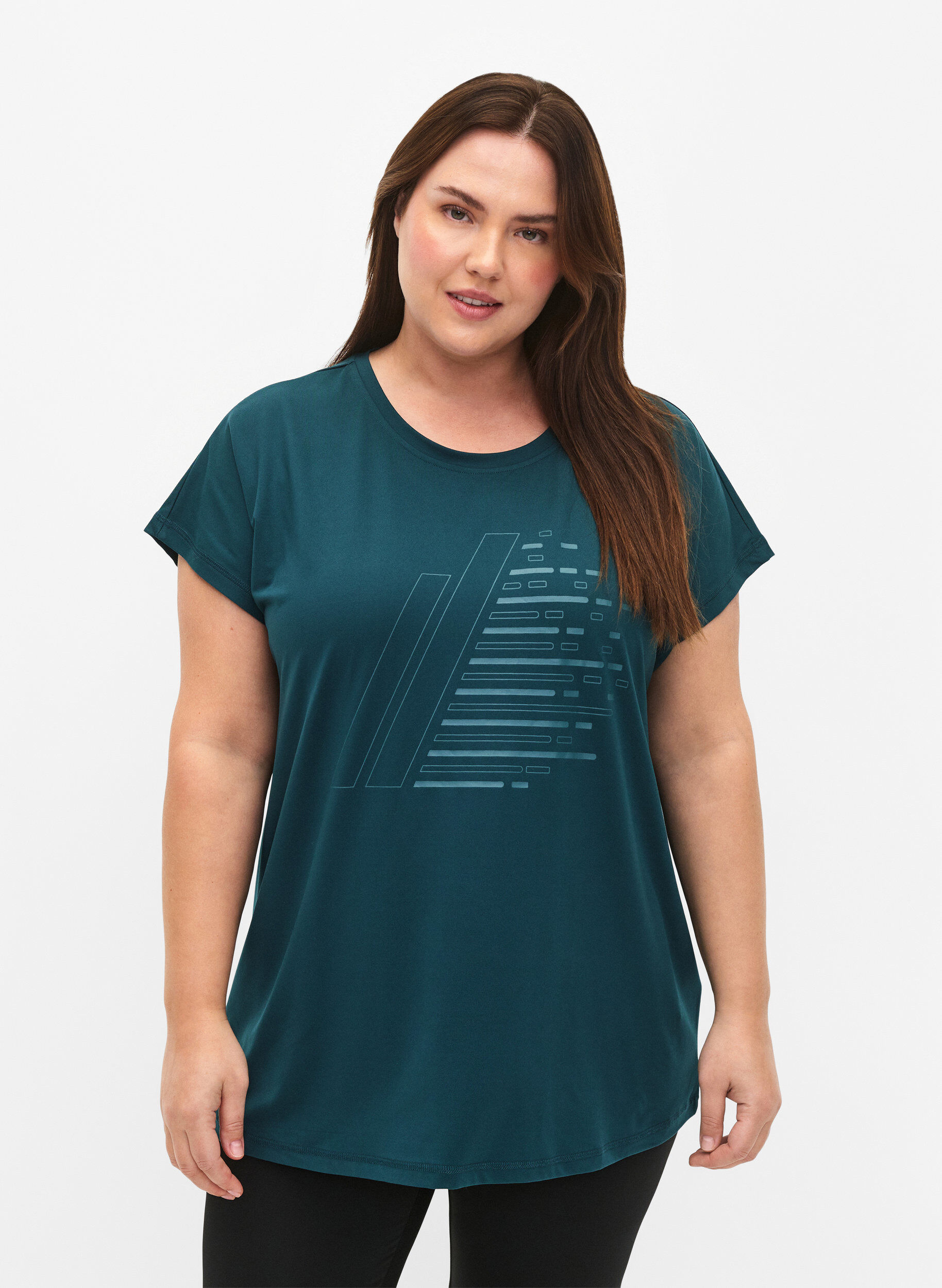 Zizzi Kort&auml;rmad tr&auml;nings t-shirt med tryck, Deep Teal/Pacific, Model image number 0