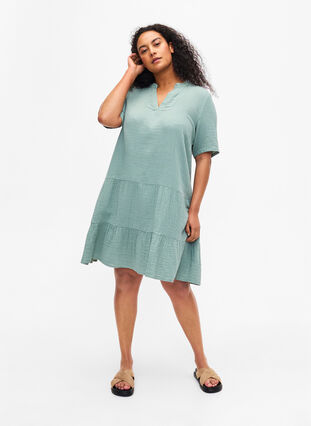 Kortärmad klänning i 100% bomull, Chinois Green, Model image number 2