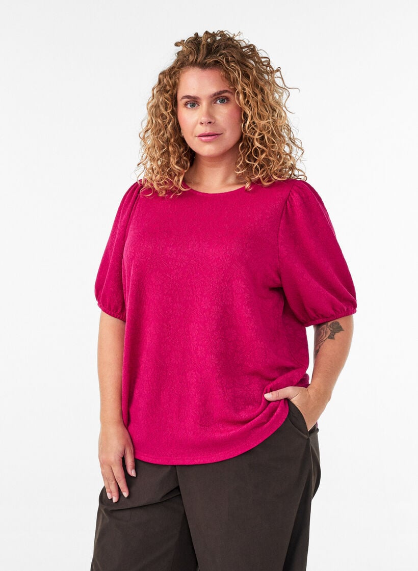 Blus med struktur och korta &auml;rmar, Rosa, Model image number 0