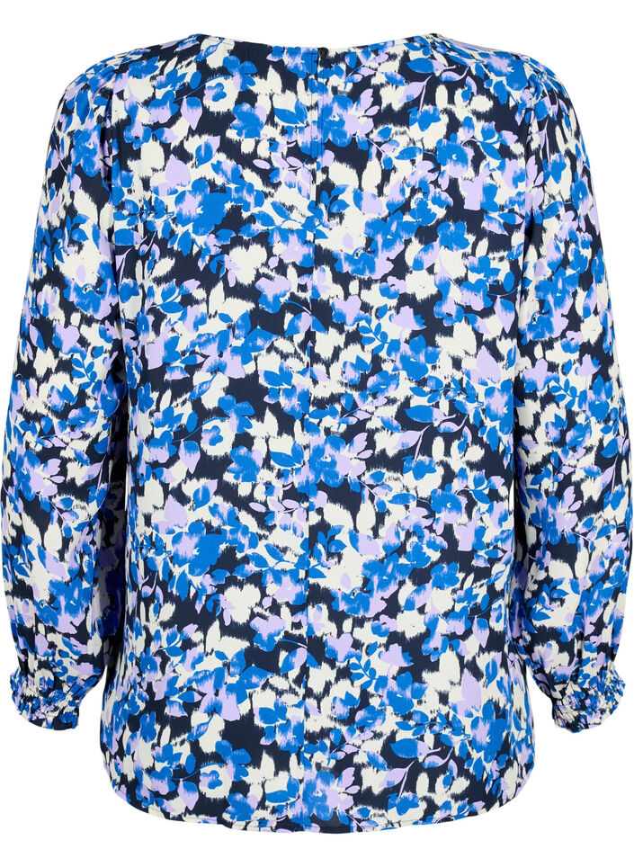 FLASH - Långärmad blus med smock och tryck, Blue Purple Flower, Packshot image number 1