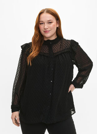 Skjortblus med volanger och prickig textur, Black, Model image number 0