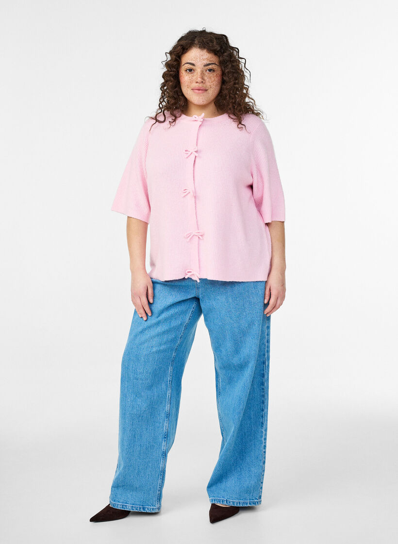 Kort&auml;rmad stickad kofta med rosetter, Rosa, Model image number 1