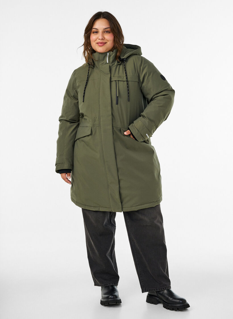 Vattenavvisande parkas med huva och funktionella detaljer, Gr&ouml;n, Model image number 1