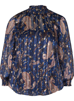 Mönstrad blus med hög krage och smock, Paisley Foil, Packshot image number 0