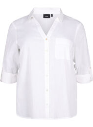 Skjortblus med knäppning i en blandning av bomull och linne, Bright White
