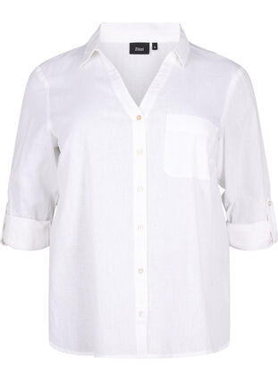 Skjortblus med knäppning i en blandning av bomull och linne, Bright White, Packshot image number 0