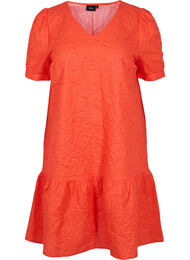 Strukturerad klänning med korta puffärmar, Mandarin Red