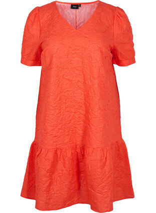 Strukturerad klänning med korta puffärmar, Mandarin Red, Packshot image number 0