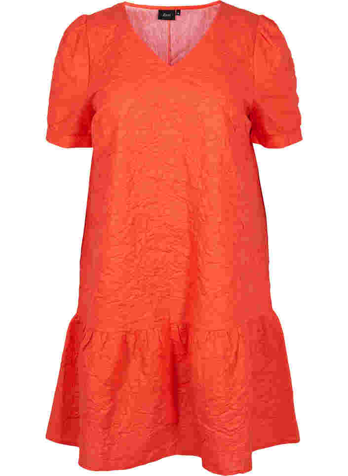 Strukturerad klänning med korta puffärmar, Mandarin Red