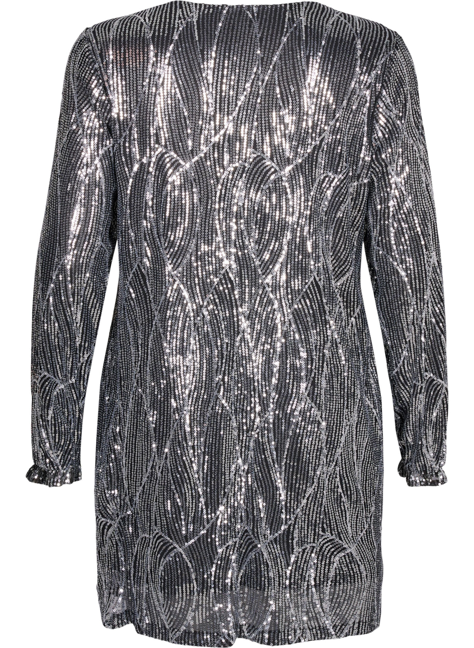 Zizzi L&aring;ng&auml;rmad paljettkl&auml;nning med m&ouml;nster, Silver Sequins, Packshot image number 1