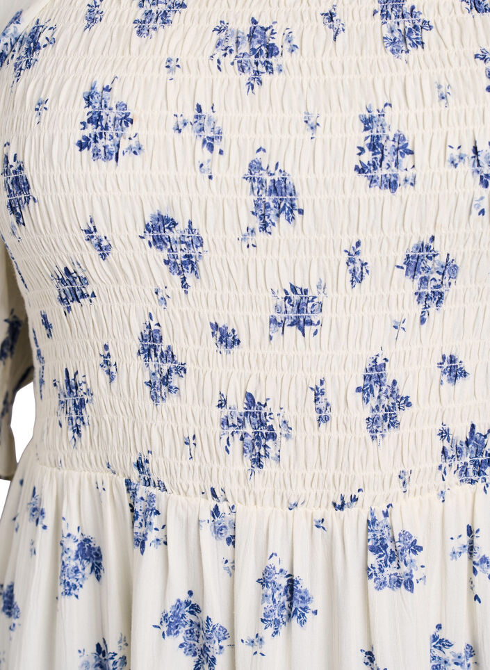 Blommig midikl&auml;nning i viskos med smock, Vit, Packshot image number 2