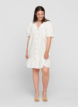 Skjortklänning i bomull med ballongärmar, Bright White, Model image number 2
