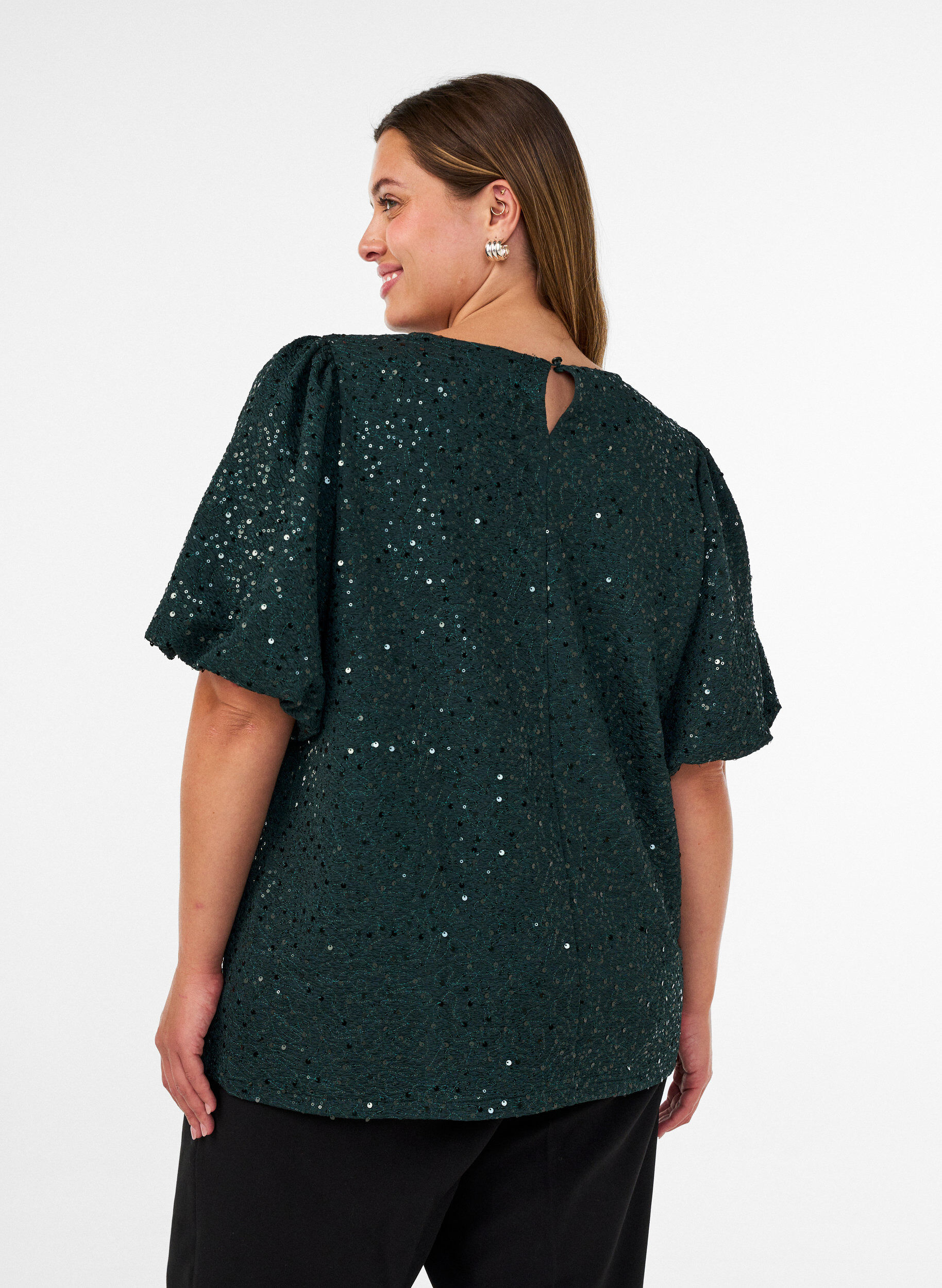 ZizziPaljettblus med ballong&auml;rmar, Gr&ouml;n, Model image number 2