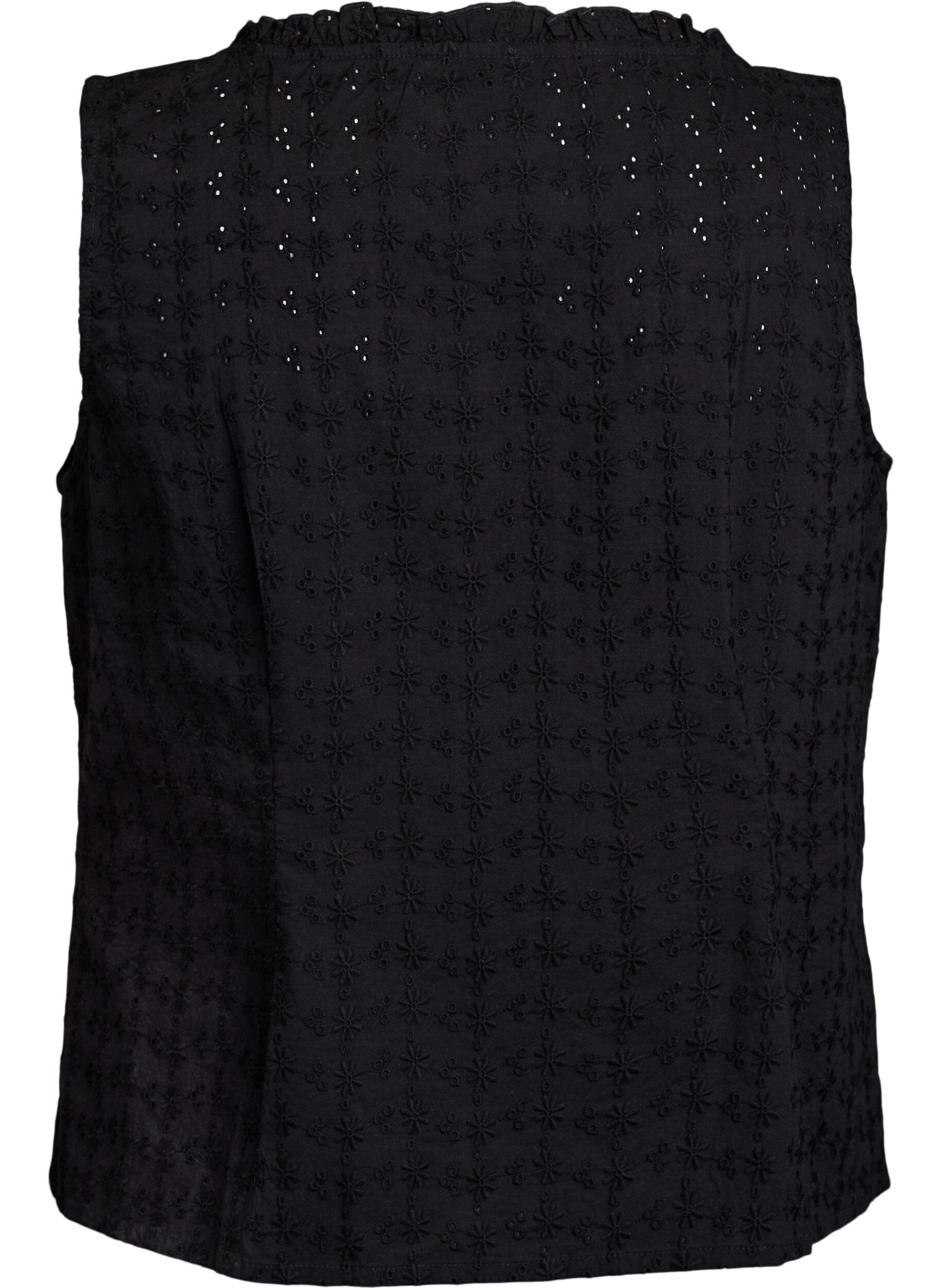 Zizzi&Auml;rml&ouml;s blus med broderie anglaise och volanger, Svart, Packshot image number 1