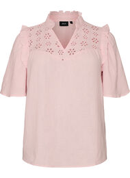 Blus i bomullsmuslin med broderie anglaise och 1/2-&auml;rm, Rosa