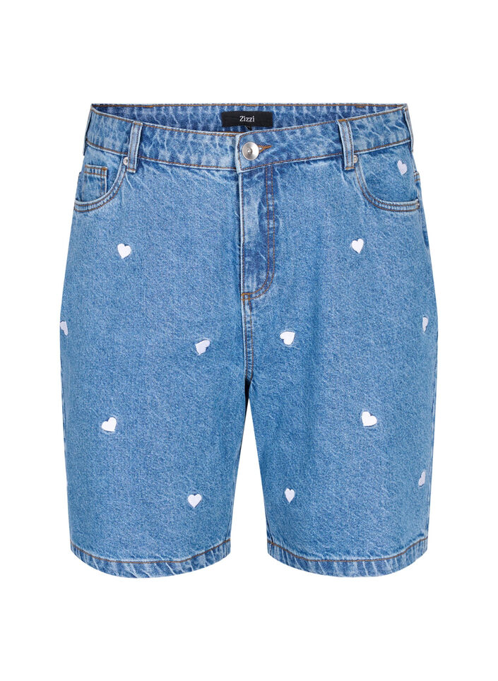Jeansshorts med h&ouml;g midja och broderade hj&auml;rtan, Bl&aring;, Packshot image number 0