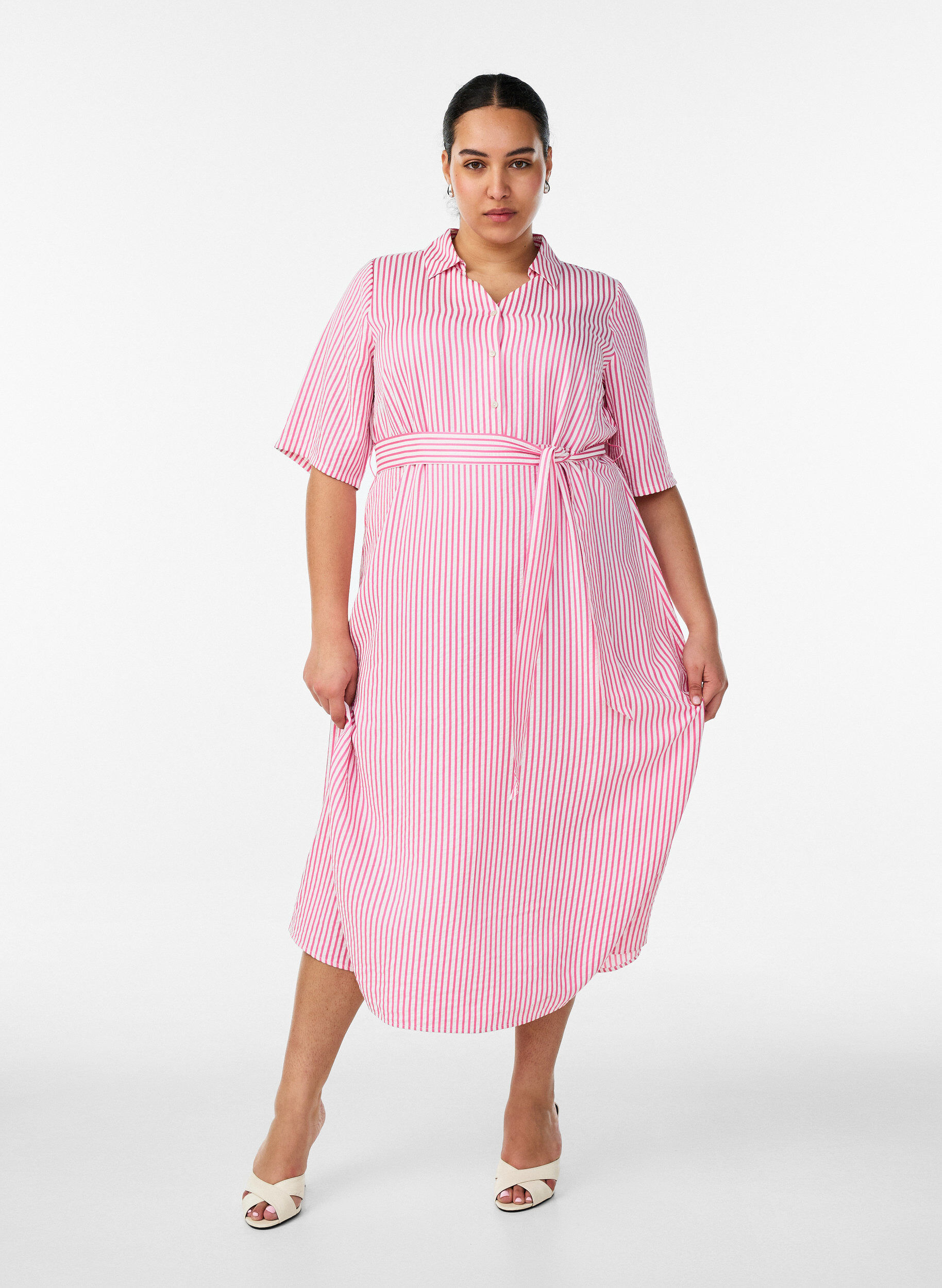 ZizziAnkell&aring;ng skjortkl&auml;nning med knytsk&auml;rp och r&auml;nder, Rosa, Model image number 0