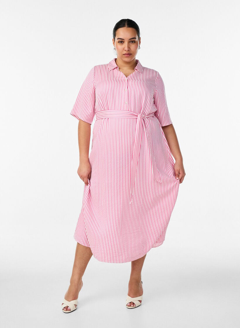 Ankell&aring;ng skjortkl&auml;nning med knytsk&auml;rp och r&auml;nder, Rosa, Model image number 0