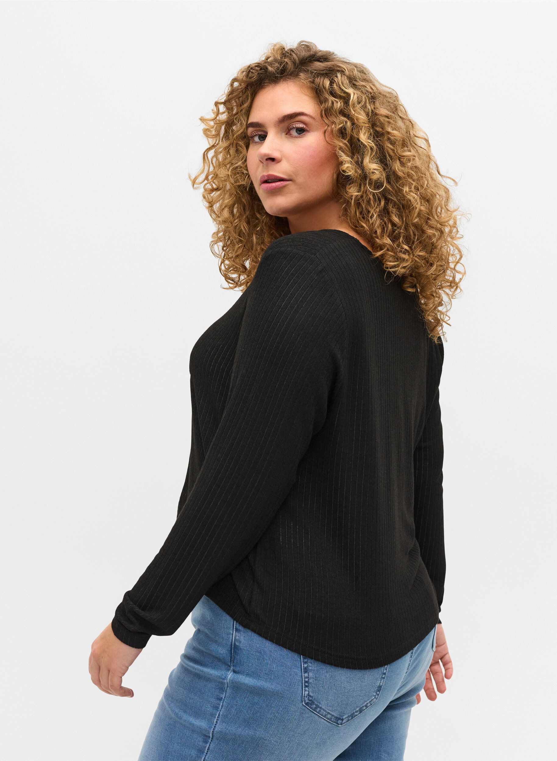Zizzi Ribbstickad cardigan med sn&ouml;rning, Black, Model image number 1