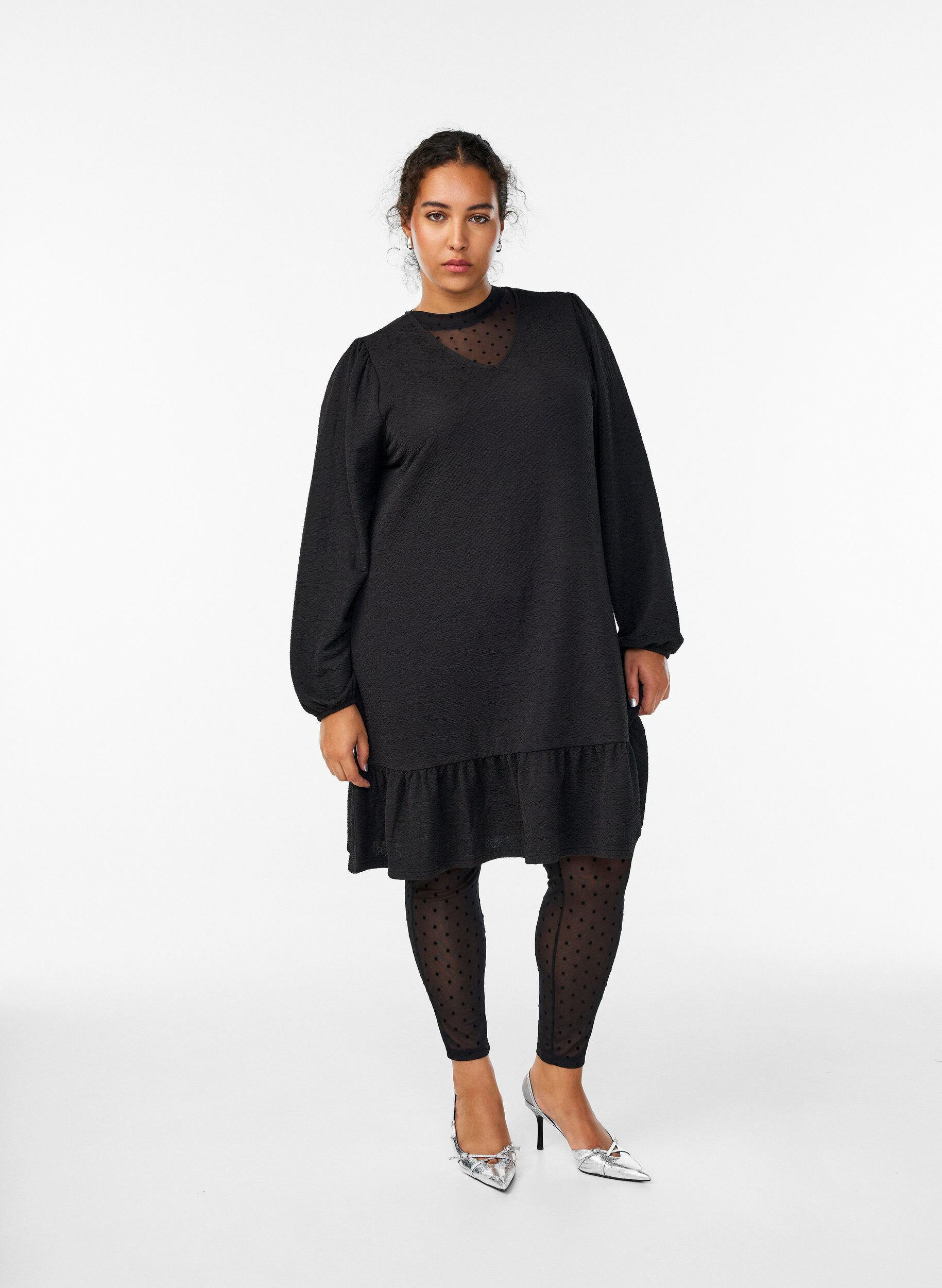 Meshleggings med velourprickar, Svart, Model