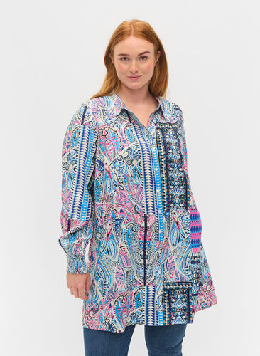 Viskosskjorta med paisleymönster, Blue Pink Paisley , Model image number 0