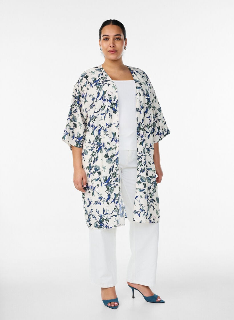 Kimono i viskos med trekvarts&auml;rmar, Bl&aring;, Model image number 1