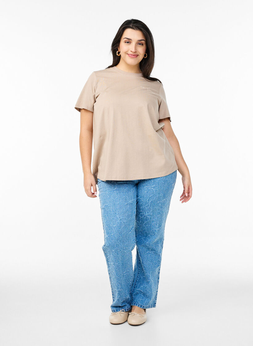 T-shirt i bomull med texttryck och rund halsringning, Brun, Model image number 1