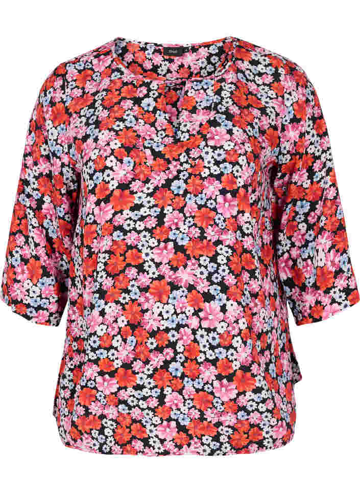 Floral blouse with 3/4 sleeves, Red Flower AOP, Packshot image number 0