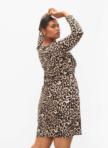 Leopardmönstrad klänning med långa ärmar, Leo, Model image number 1