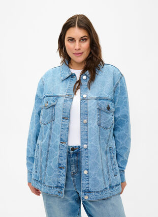 Jeansjacka med slitet mönster, Blue denim, Model image number 0