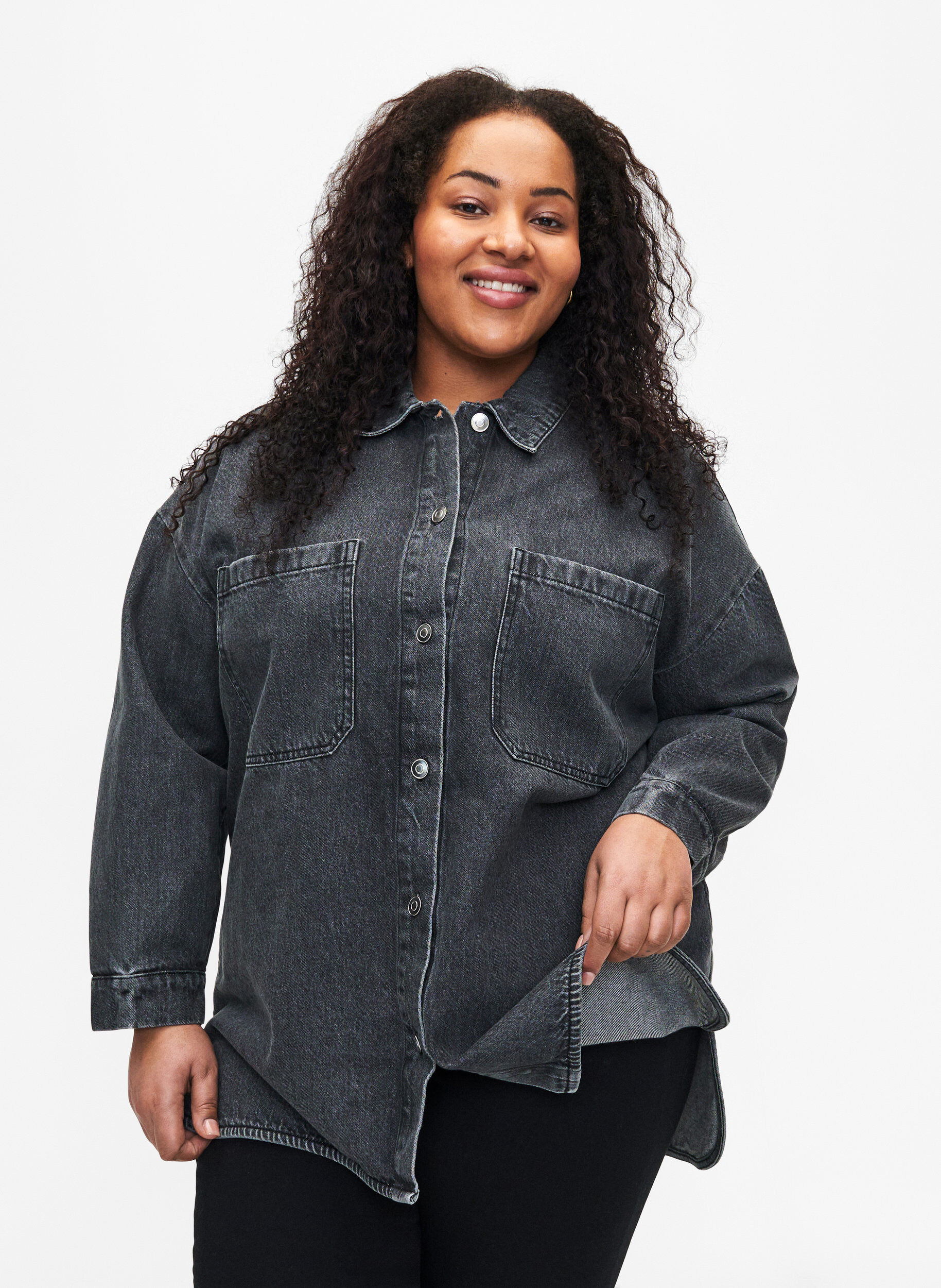 Zizzi L&ouml;st sittande denimjacka med knappar, Grey Denim, Model image number 0