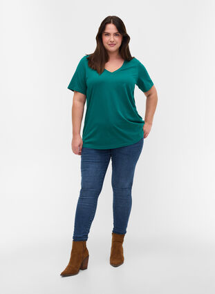 T-shirt i ekologisk bomull med v-ringning, Teal Green, Model image number 2