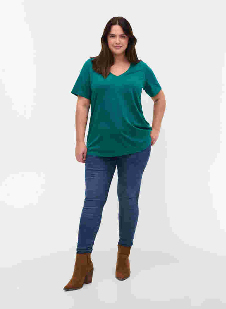 T-shirt i ekologisk bomull med v-ringning, Teal Green, Model image number 2