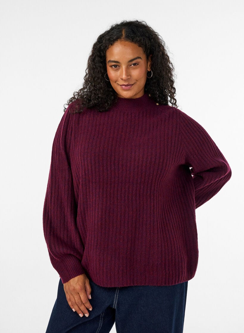 Ribbstickad tr&ouml;ja med puff&auml;rmar och knappar, M&ouml;rk Bordeaux, Model image number 0