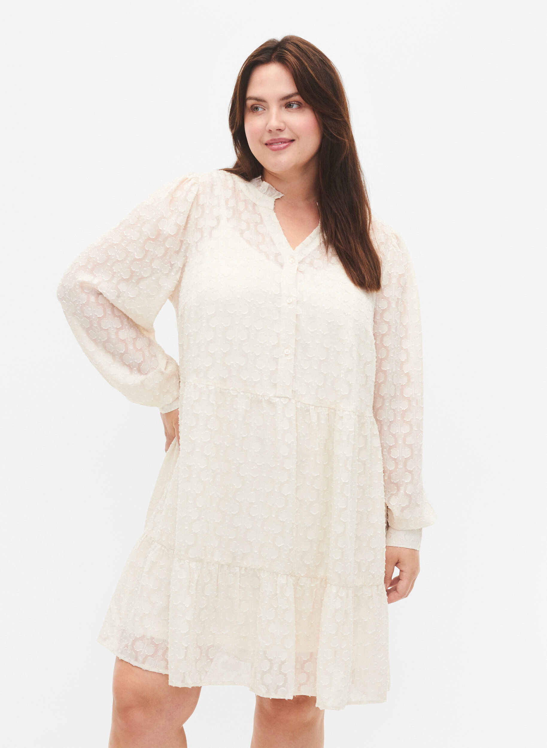 Zizzi Jacquardkl&auml;nning med volangkrage, Birch, Model image number 0